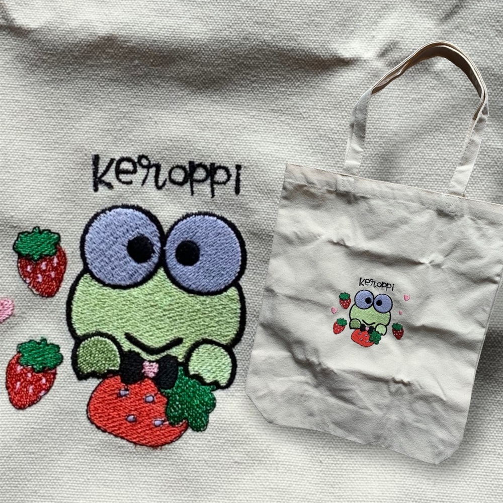 Strawberry theme Keroppi embroidered 12oz heavy weight tote bag